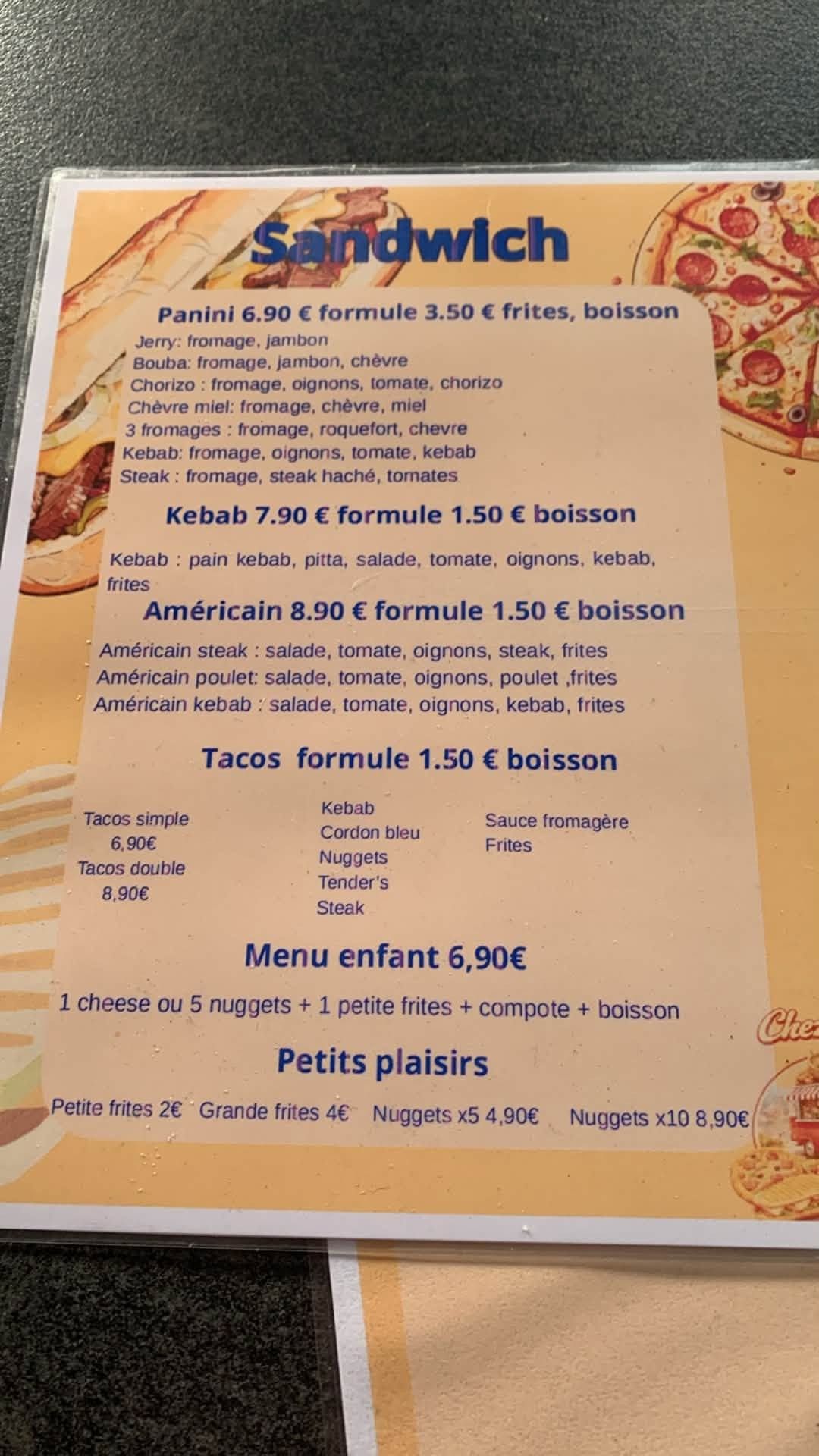 Carte physique des sandwichs & formules